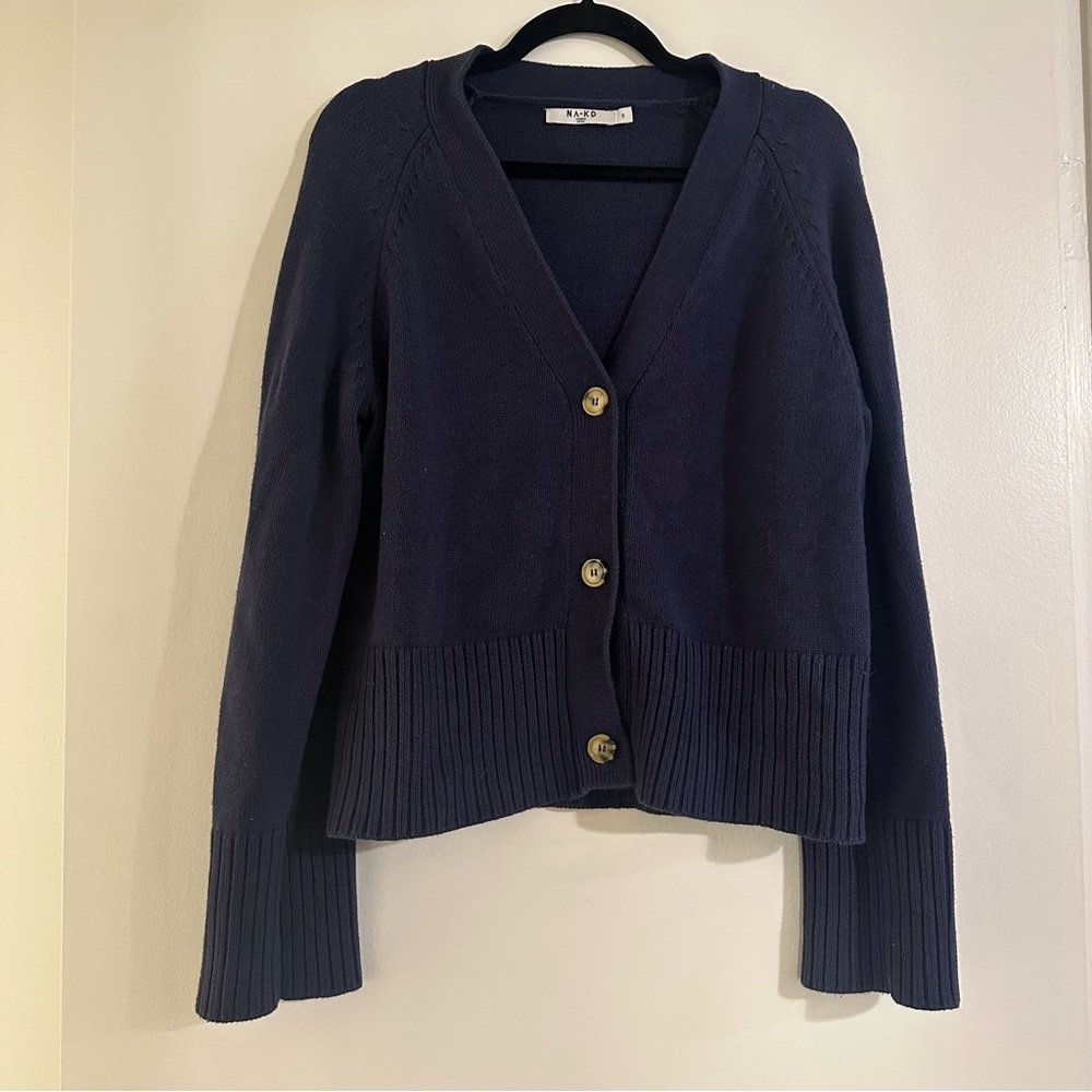 NA-KD navy blue knit button up oversized cardigan